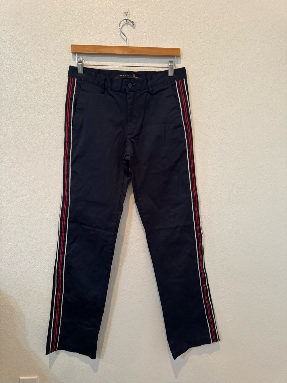 Zara Man Black Chinos with Red and White Side Stripes